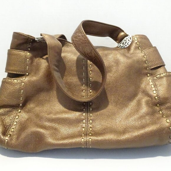 Brighton Brown Bronze Leather Bag Bow Accent Contrast Stitch Charm Metallic - Picture 3 of 5